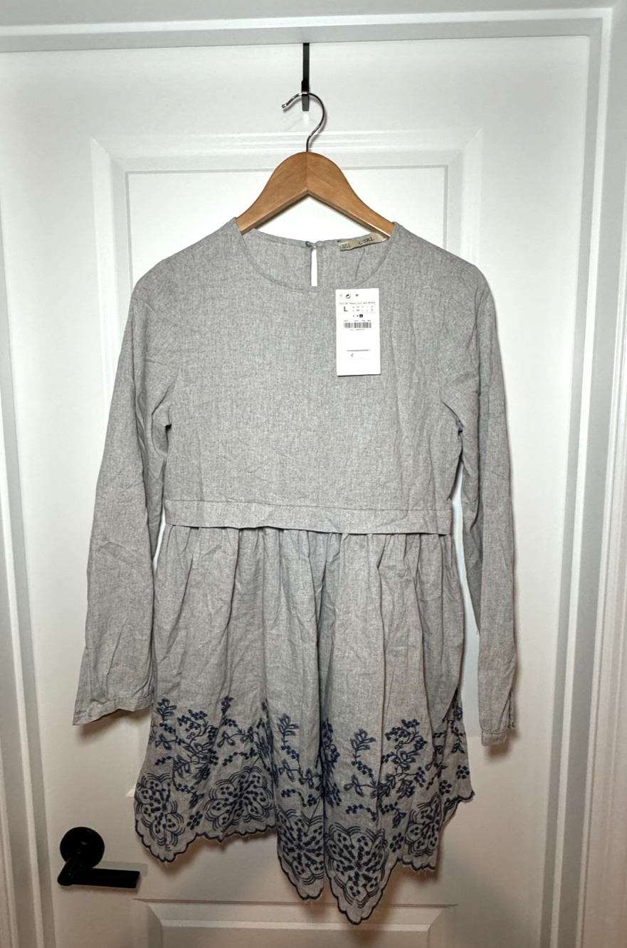 CBRL Swing Tunic Shirt Grey Linen Dress Navy Embroidered Size L Large Womens